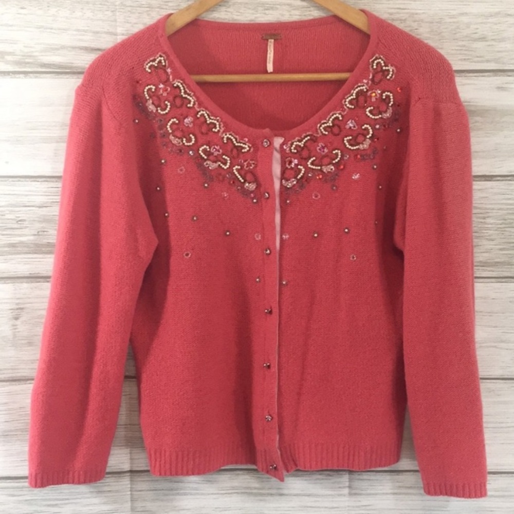 FREE PEOPLE• Pink Jeweled Cardigan